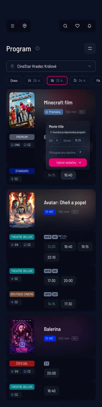 SCR-CS-02: Program — location dropdown, horizontal day picker, movie karty s formát badges a showtime buttony