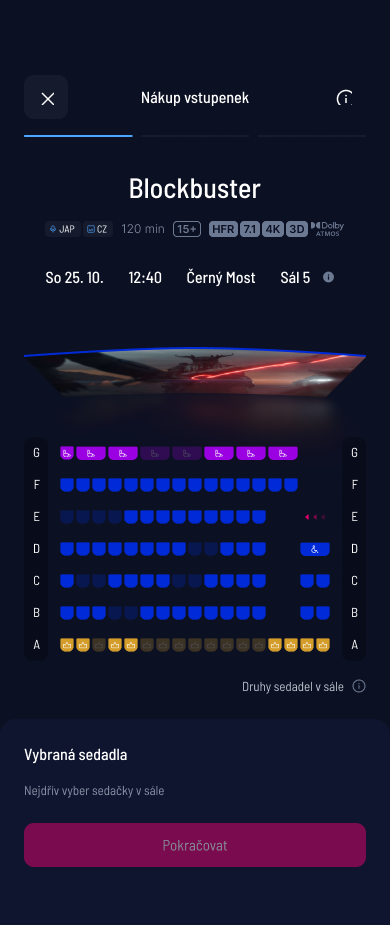 SCR-CS-03: Grafický plán sálu s barevným kódováním, stepper, bottom sheet