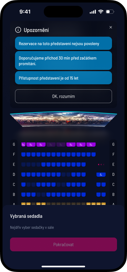 SCR-CS-04: Pre-purchase upozornění — věkové omezení, příchod 30 min předem