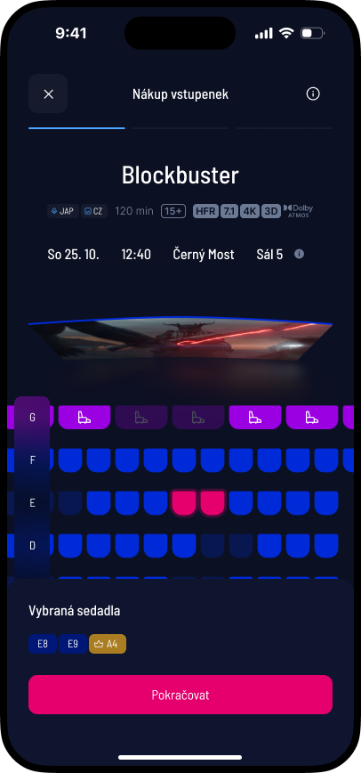 SCR-CS-08: 3 vybraná sedadla jako chips, CTA 'Pokračovat' active