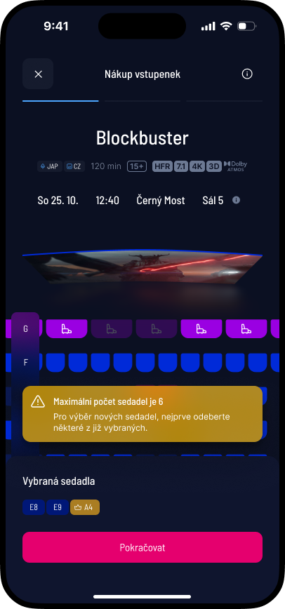 SCR-CS-09: Warning toast — maximální počet sedadel je 6