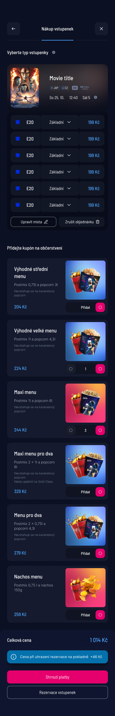 SCR-CS-11: Objednávka — per-seat řádky, ticket type dropdown, upsell občerstvení, celková cena
