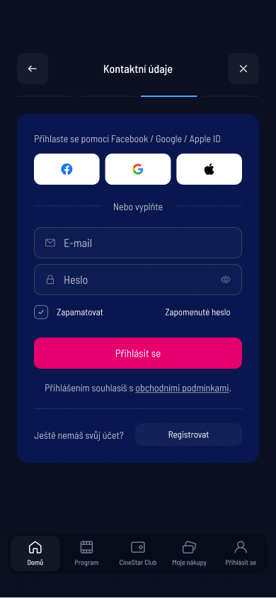 SCR-CS-13: Tab bar s 'Přihlásit se' — OAuth + email form, CineStar Club