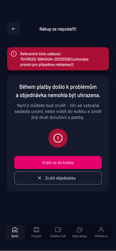 SCR-CS-18: Nákup se nepodařil, referenční číslo, CTA zpět do košíku