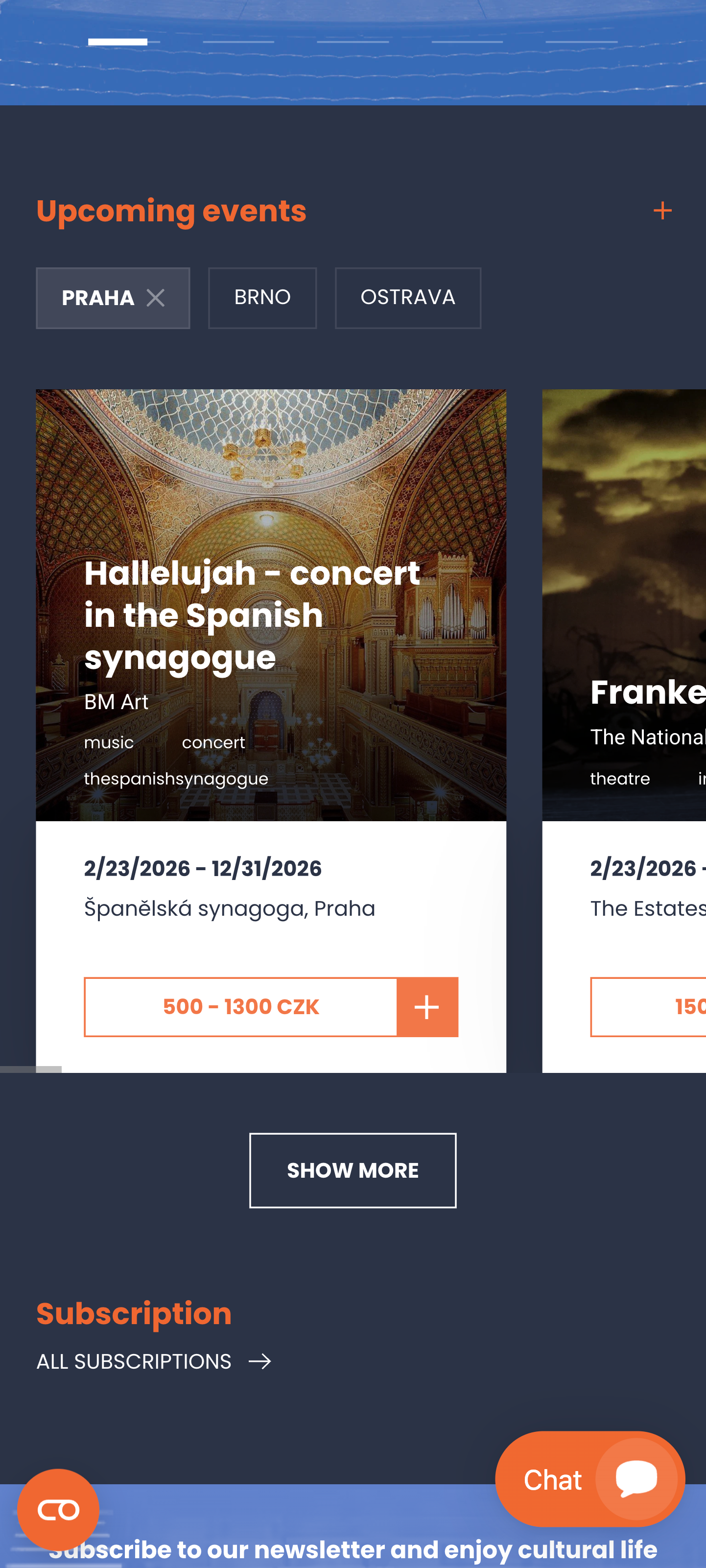 SCR-WEB-03: Nadcházející akce, city filter tabs, subscription