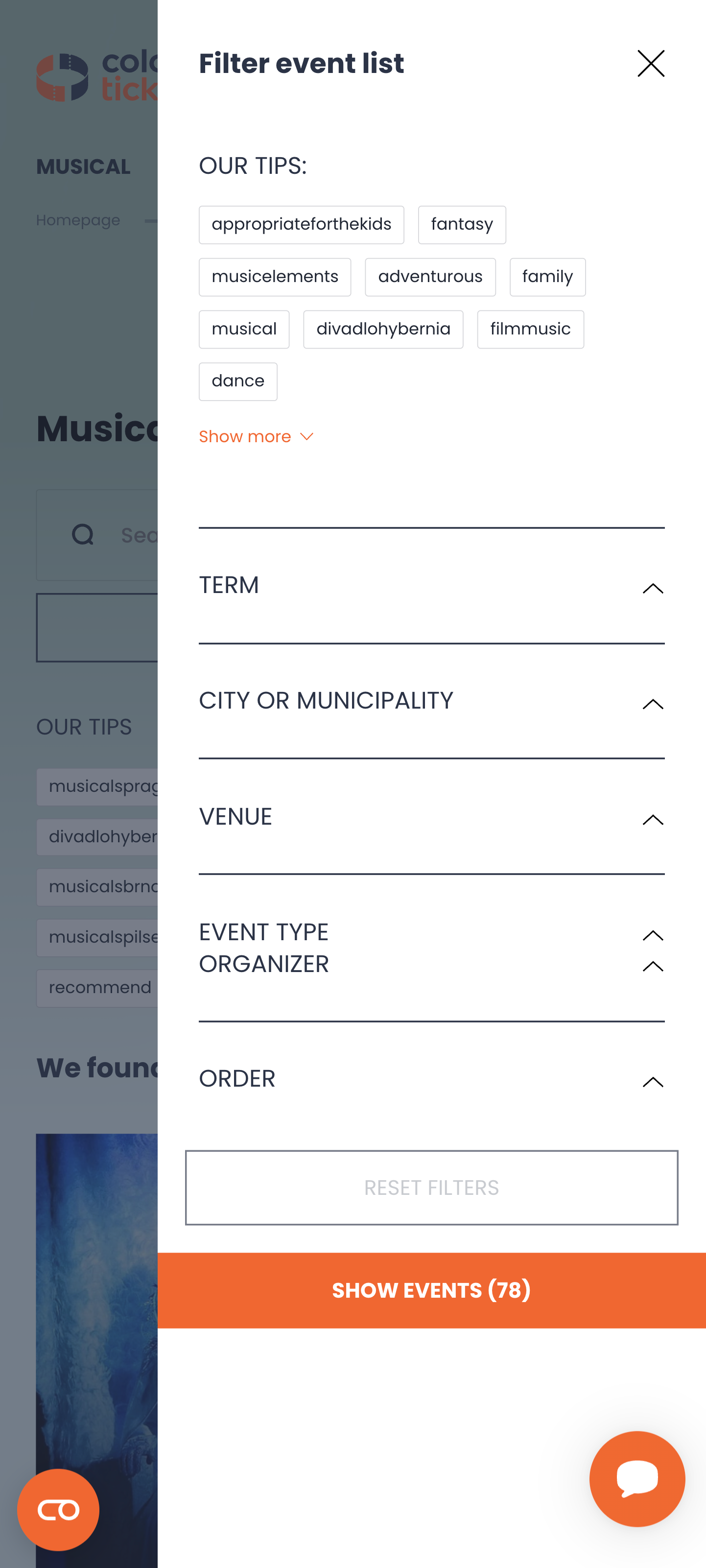 SCR-WEB-09: Filter drawer — chips, expandable filtry, Show Events CTA