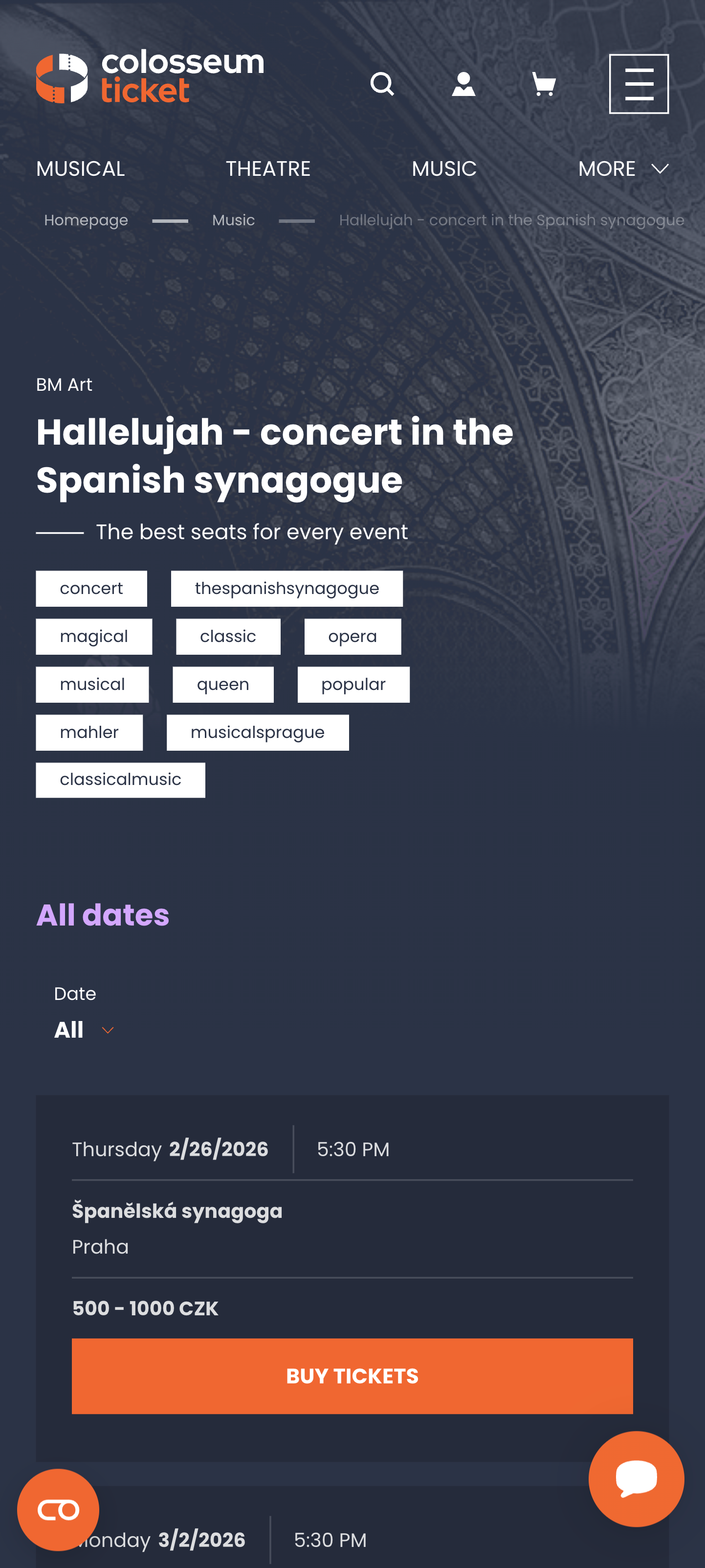 SCR-WEB-12: Concert detail — dark hero, tagy, termíny s CTA