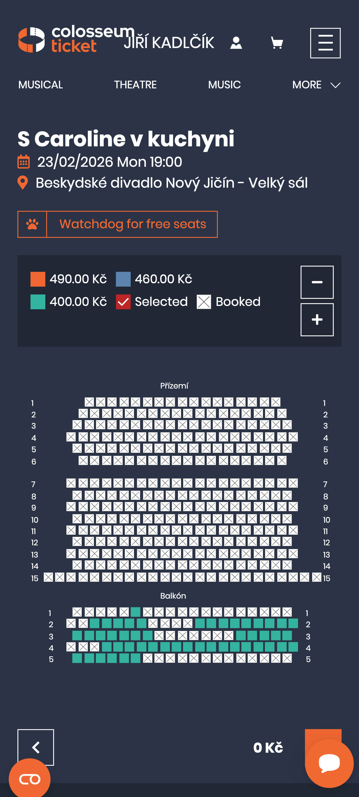 SCR-WEB-29: Textový grid sálu — přízemí + balkón, barevná legenda, zoom buttony