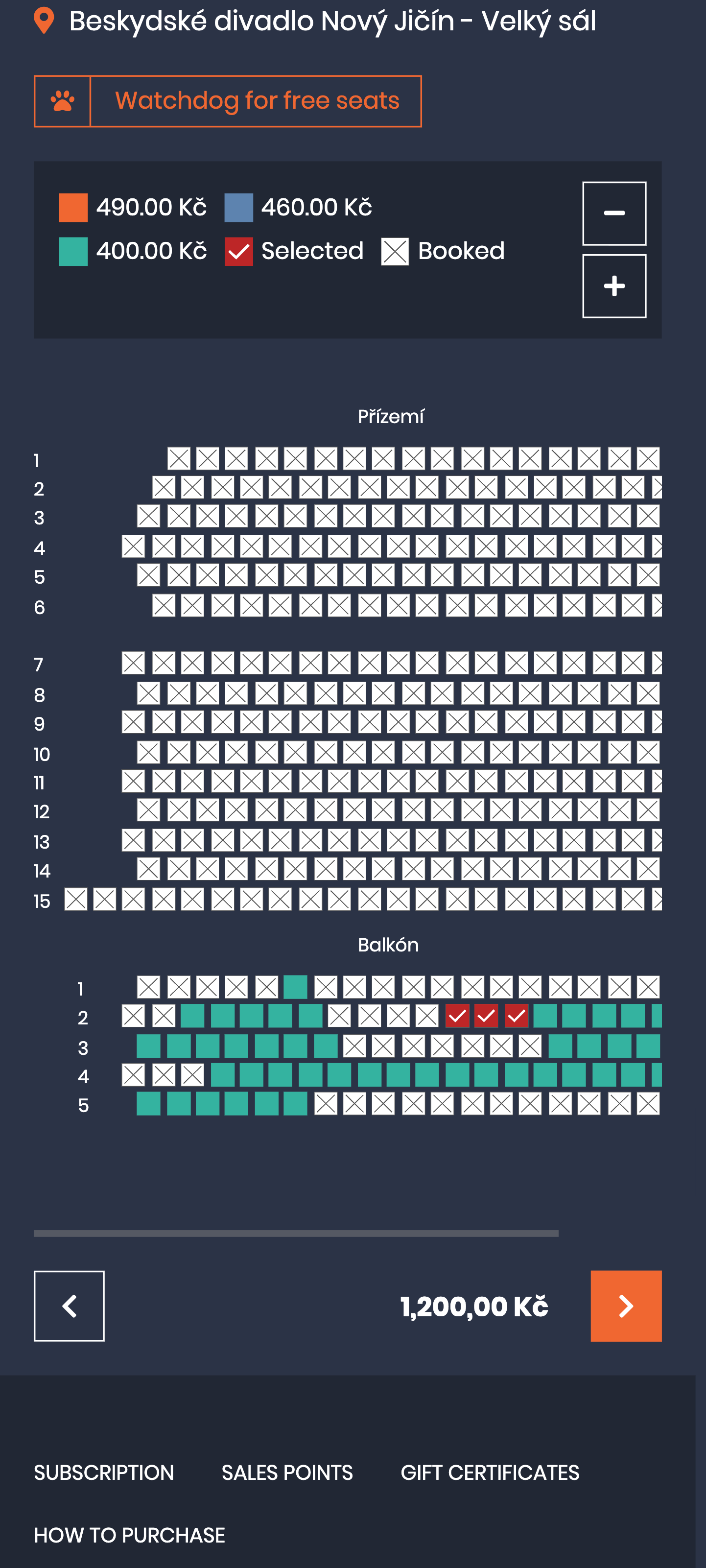 SCR-WEB-30: 3 vybraná sedadla na balkónu, celková cena v bottom bar