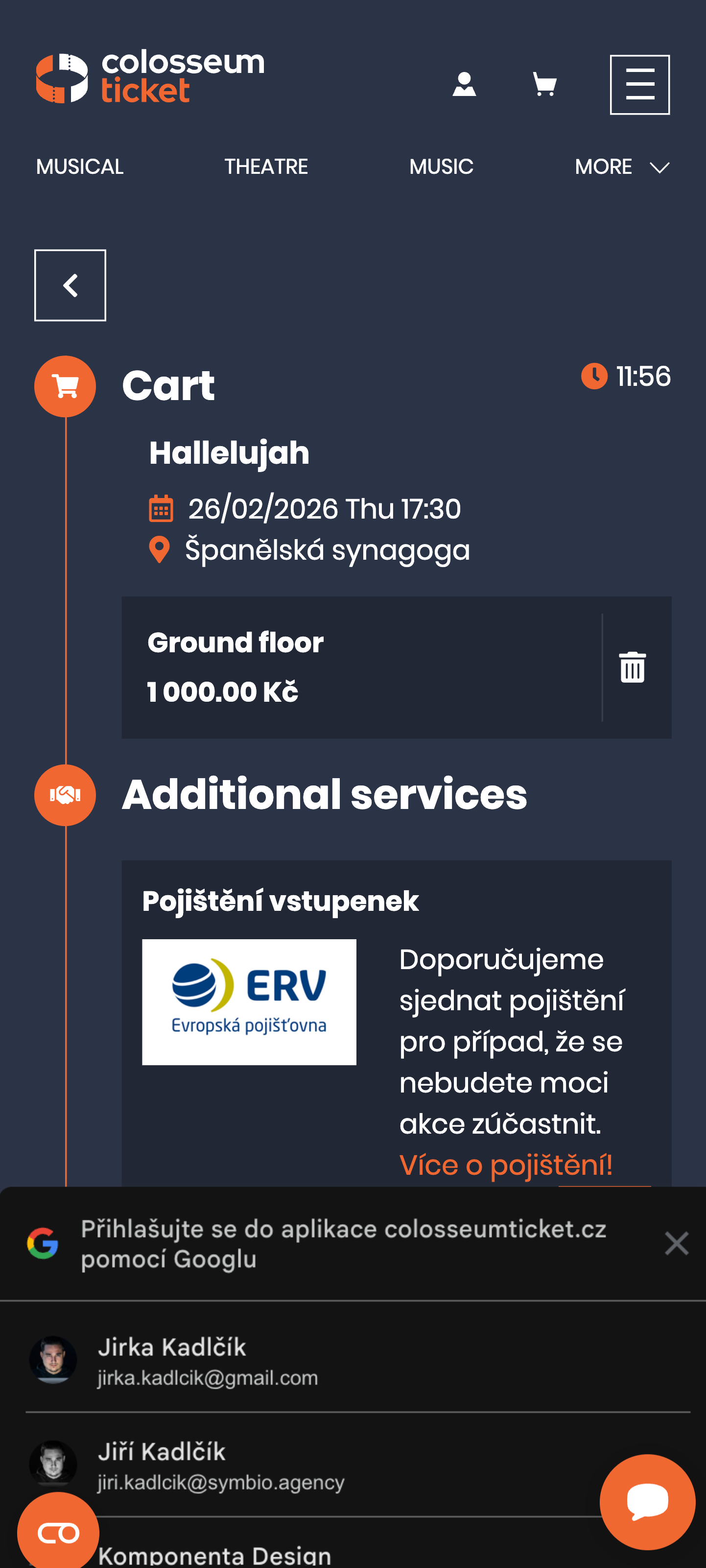 SCR-WEB-31: Košík — countdown timer, ticket řádek, upsell pojištění