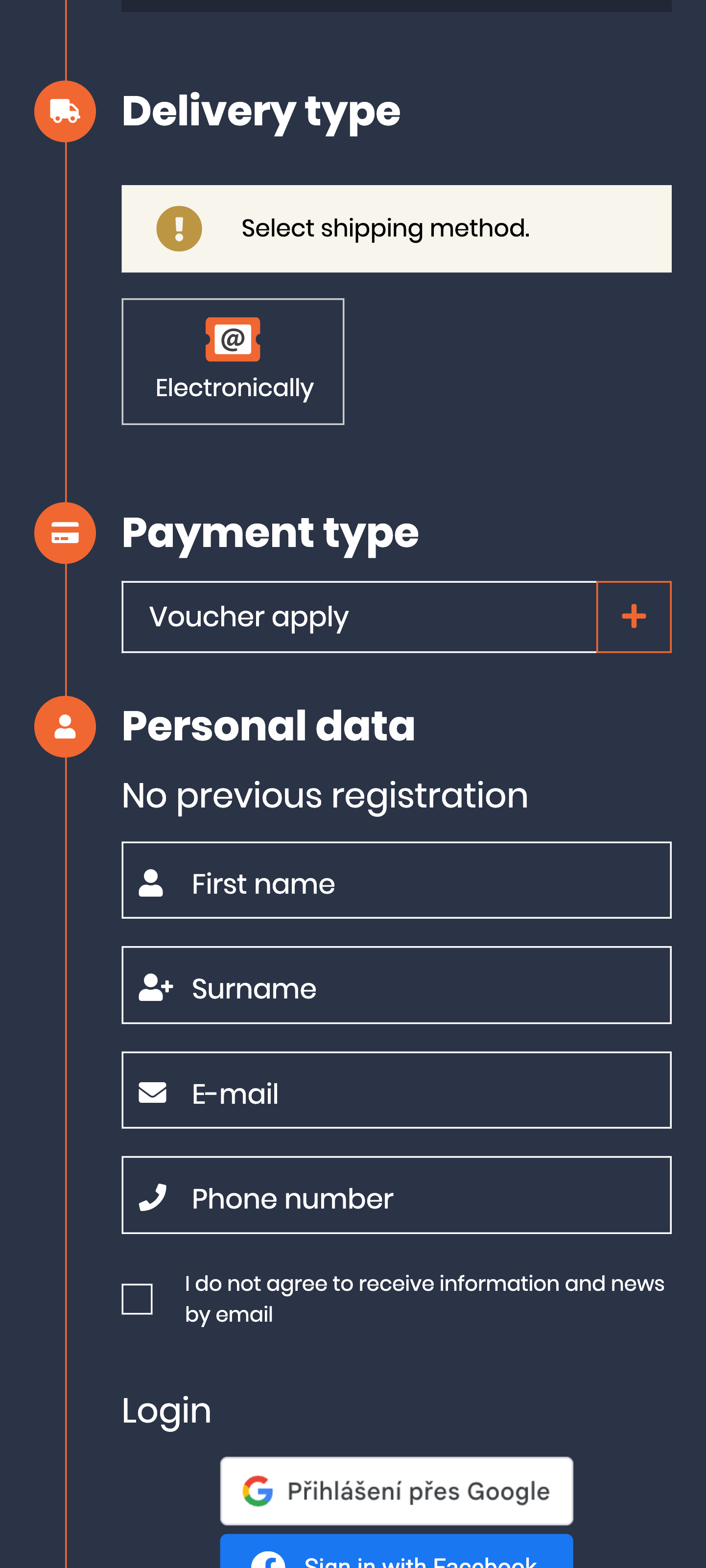 SCR-WEB-33: Guest checkout — doručení, platba, osobní údaje formulář