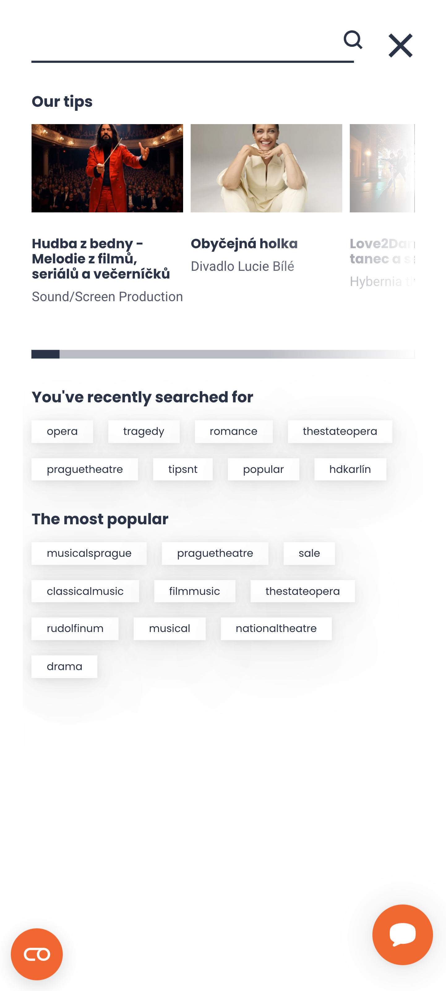 SCR-WEB-41: Empty state — 'Our tips' karty, recent searches, popular tagy