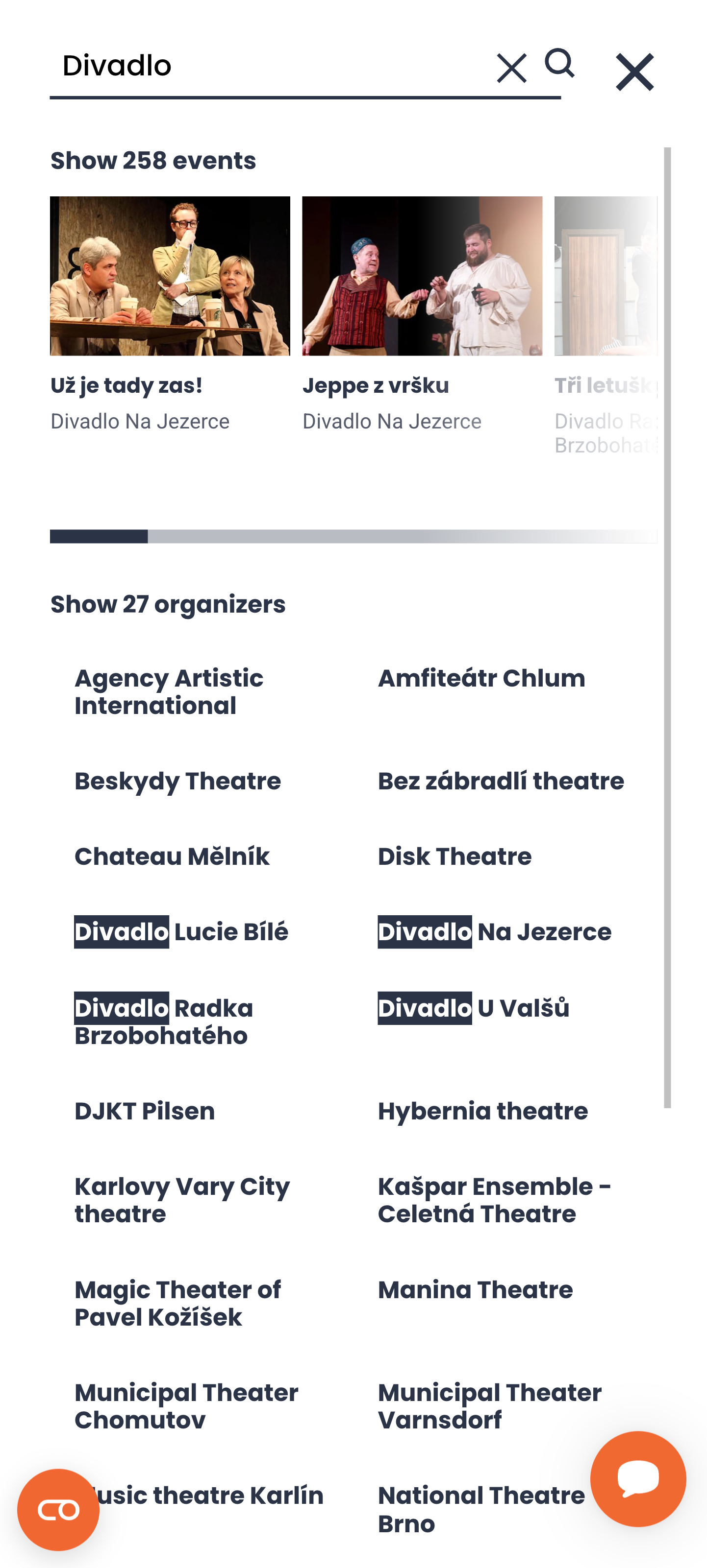 SCR-WEB-42: Výsledky — 'Show 258 events' + 'Show 27 organizers', highlighted matche