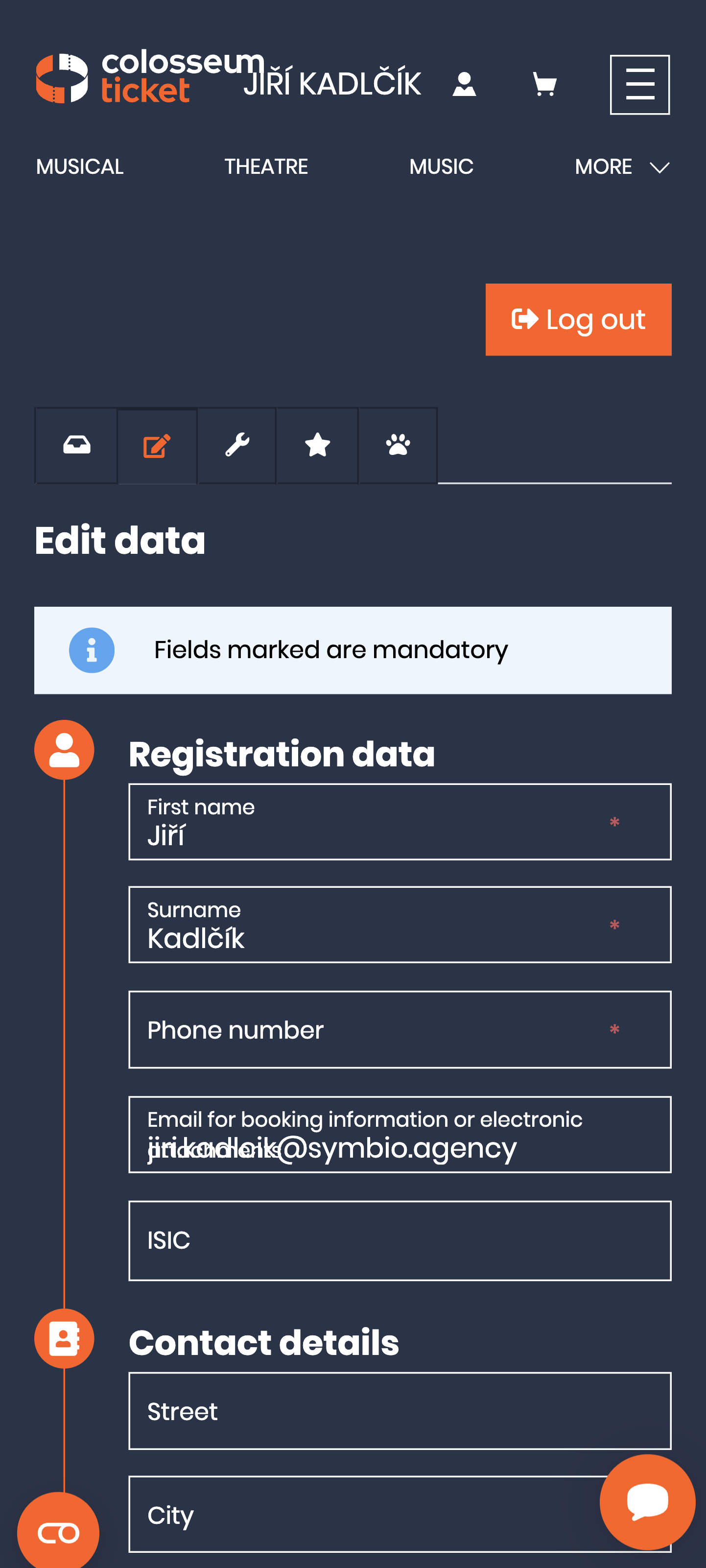 SCR-WEB-44: Editace dat — jméno, telefon, email, ISIC